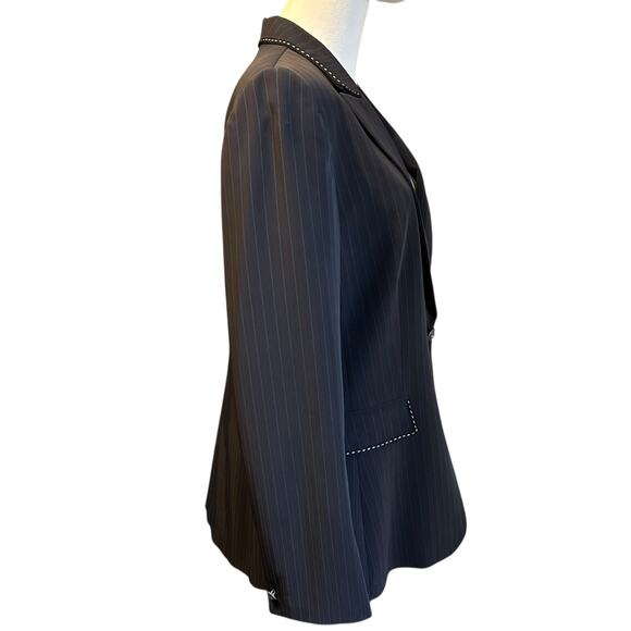 Tahari Arthur S. Levine Blazer Pin Black Striped SZ 14 Lined Contrasting Trim - Picture 7 of 10